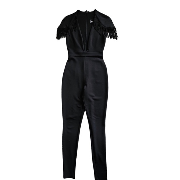 Nookie Black Tassel Fringe Cap Sleeve Fitted, Skinny Leg Evening Jumpsuit Size S - Picture 4 of 5